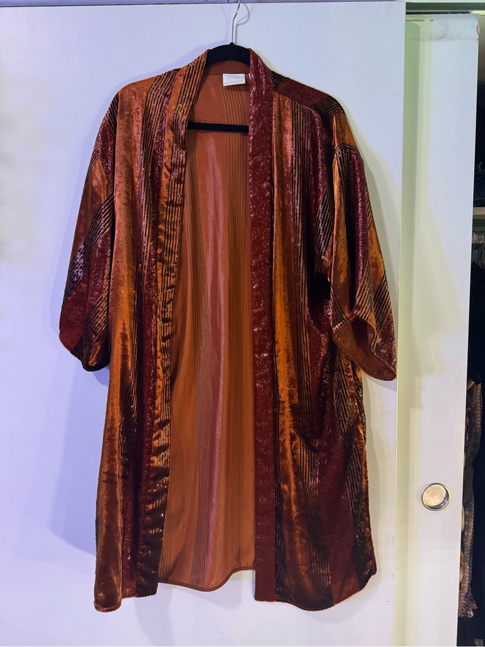 ANTHROPOLOGIE Women's Velvet Kimono Cardigan Jacket - Rust/Burgundy